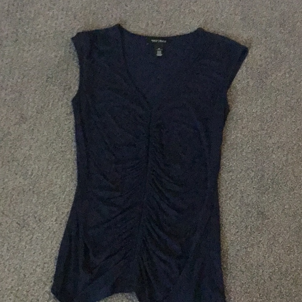 WHBM Navy Shirred Front Sleeveless V-neck T-shirt